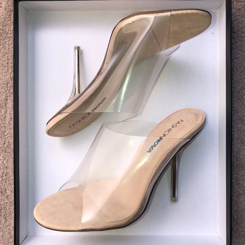 Fashionnova “Glass Slide” Nude/Clear Mule Heels
